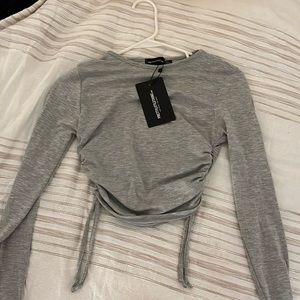PrettyLittle Thing Grey Ruched Side Long Sleeve Top